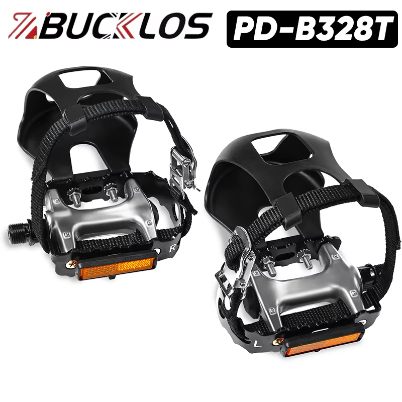 BUCKLOS PD-B328T pédale plate de vélo avec pince à orteil et sangle pédales antidérapantes en alliage d'aluminium