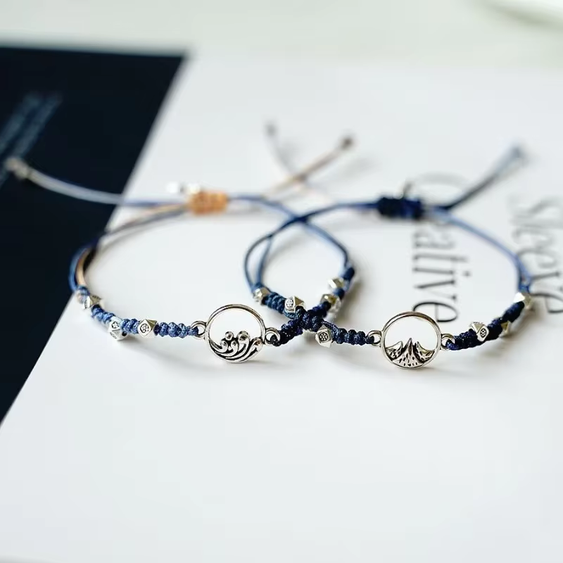 Bracelet de couple Léon Day pour femme et homme, design original, montagnes et rivières, travail manuel assressenti, bracelet réglable, bijoux