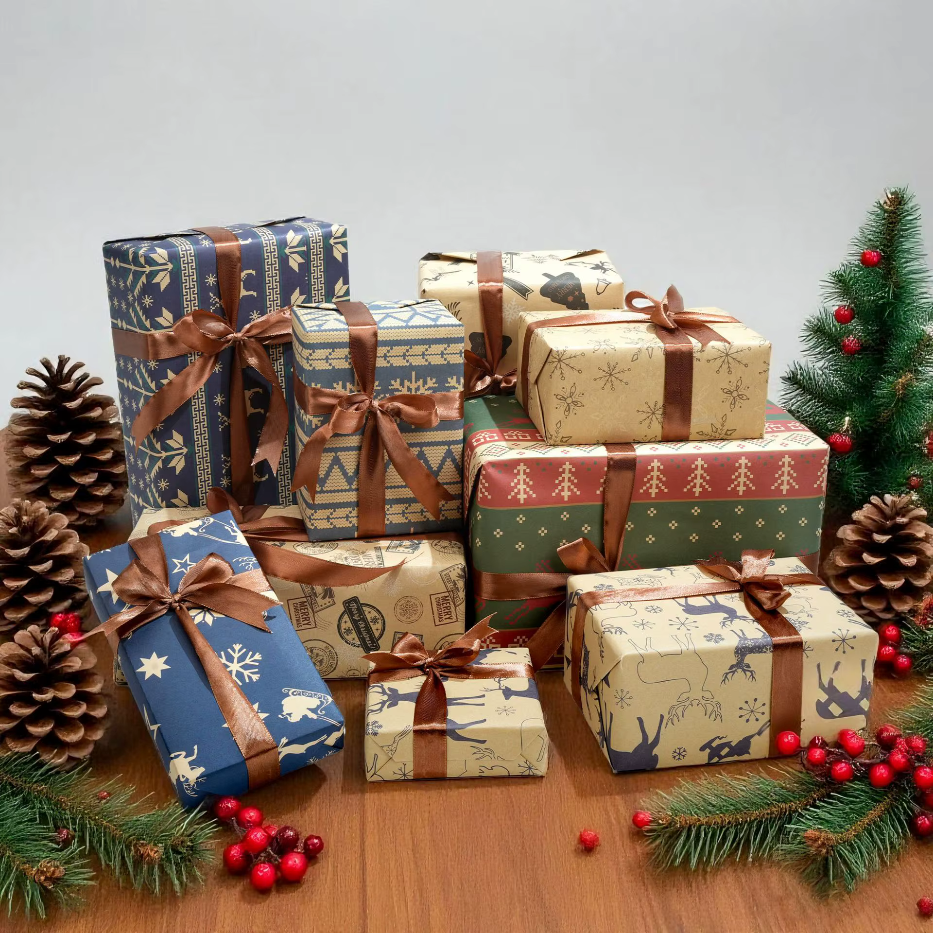 Série de papier cadeau kraft de Noël, utilisée pour la décoration de boîtes cadeaux, en forme de rennes et d'arbres de Noël, fabriqué à partir de matériaux écologiques et recyclables, cadeau de Noël !