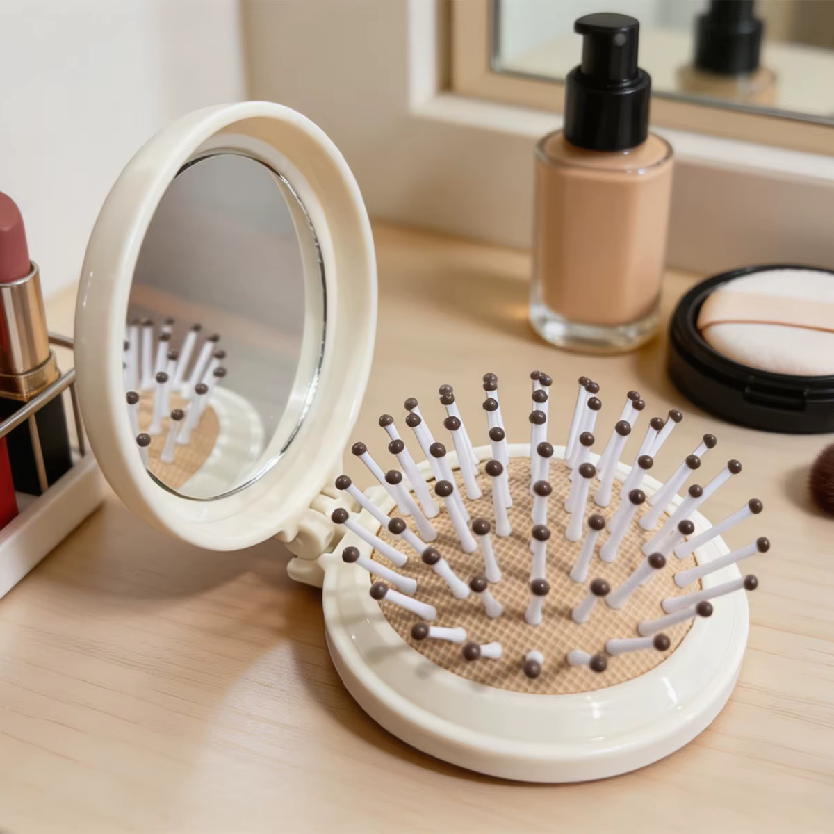 Brosse à cheveux de voyage pliable avec miroir 2-en-1, peigne de poche compact, peigne miroir pliable portable pour femmes, maquillage et soin quotidien