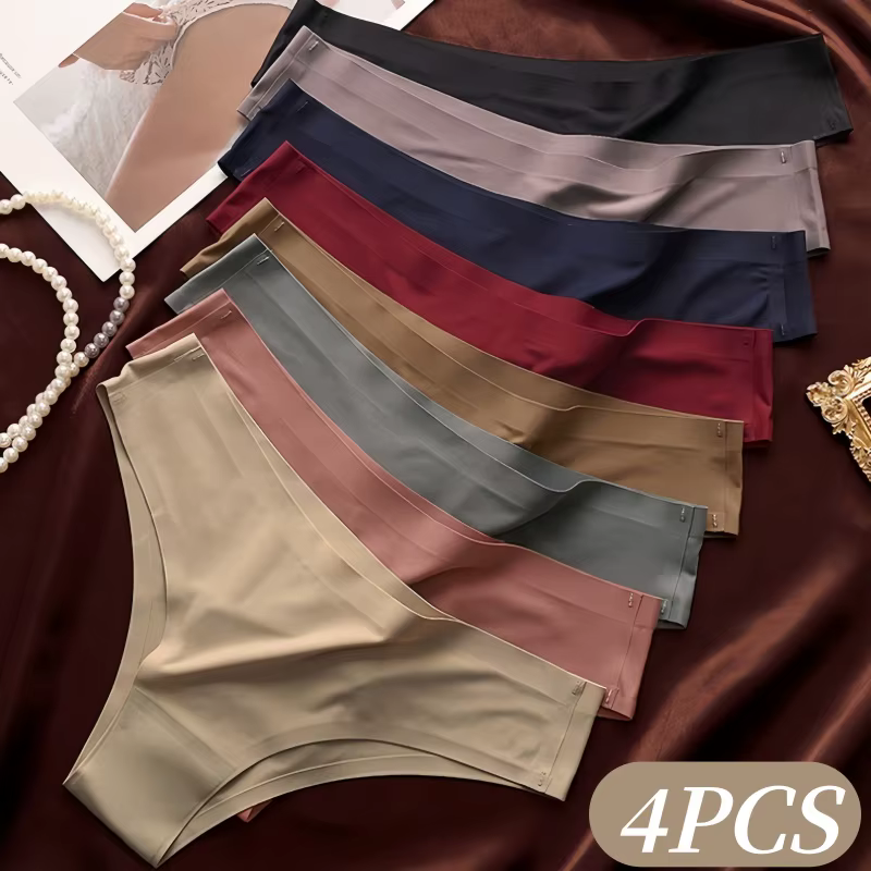 Lot de 4 culottes brésiliennes sans couture pour femme, lingerie sexy en soie glacée, taille basse, douces, unies, ultra-fines, style bikini