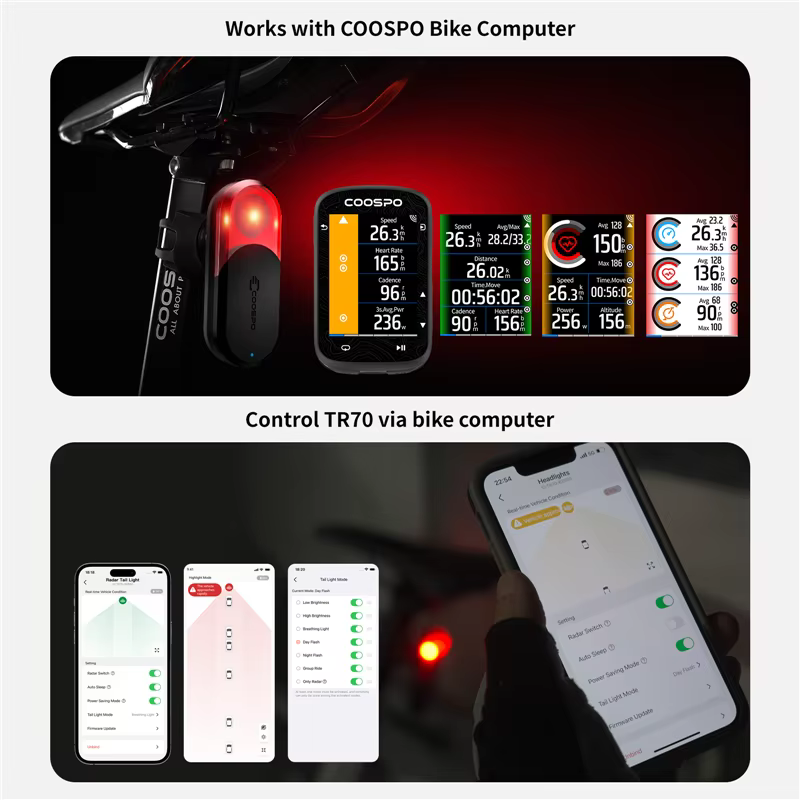 COOSPO TR70 Radar feu arrière vélo intelligent feu