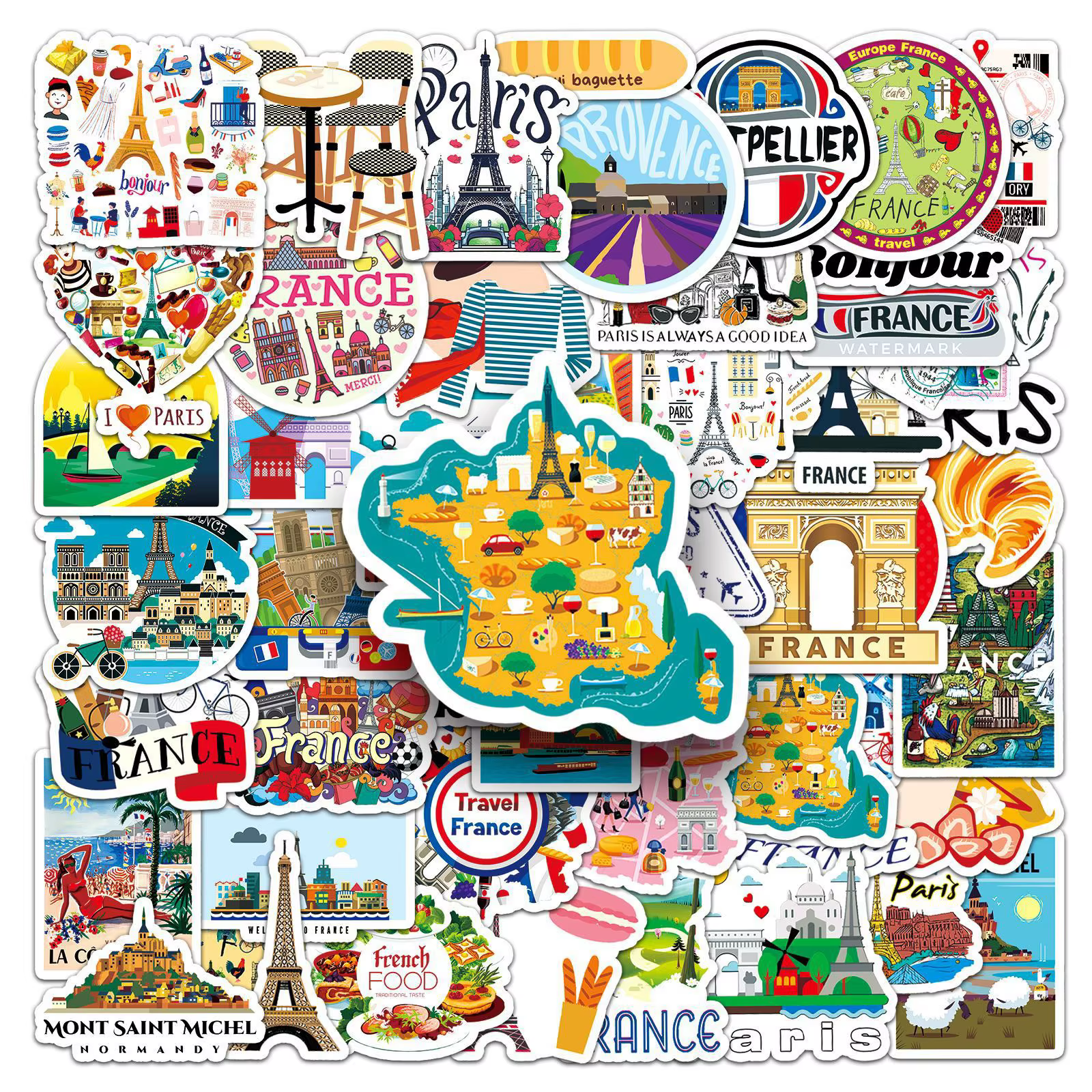 50 autocollants mignons de voyage France Paris, esthétiques, avec la Tour Eiffel et paysages, pour moto, bagages, guitare, jouet pour enfant