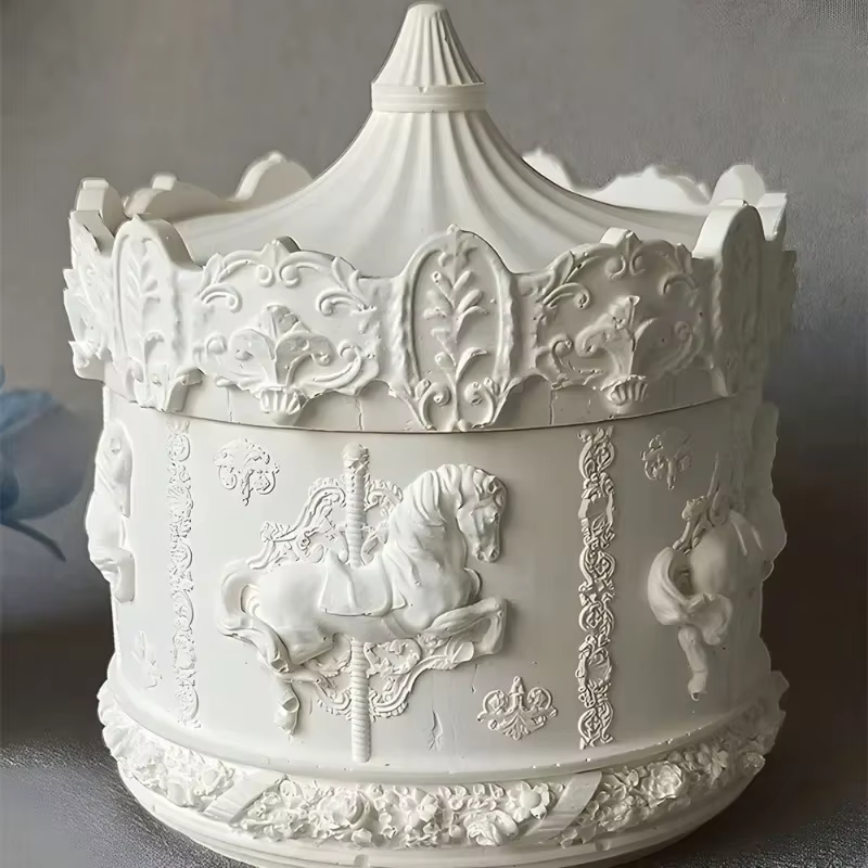 Nouveau modèle 2026 – Moule créatif en béton/plâtre – Lot de 2 moules en silicone pour boîte de rangement carrousel – Motif carrousel rotatif