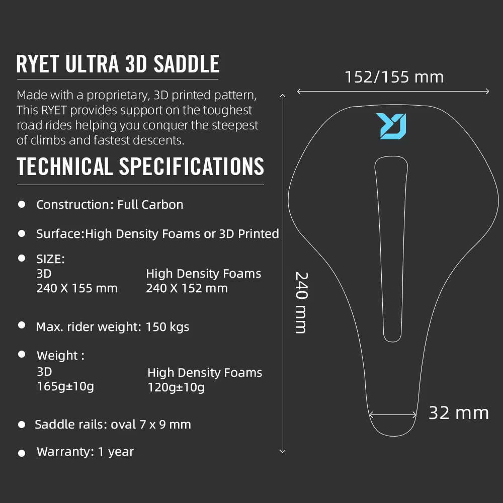RYET selle de vélo entièrement en carbone imprimé en 3D 155mm 7x9 ultraléger 120g siège