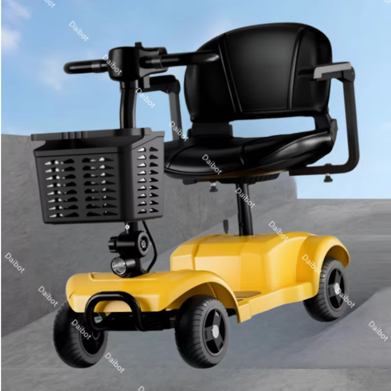 Scooter électrique pliant adulte Scooter de mobilité à quatre roues jaune pré-assemblé 300W 24V avec siège 360 ° Accoudoir rotatif/réglable