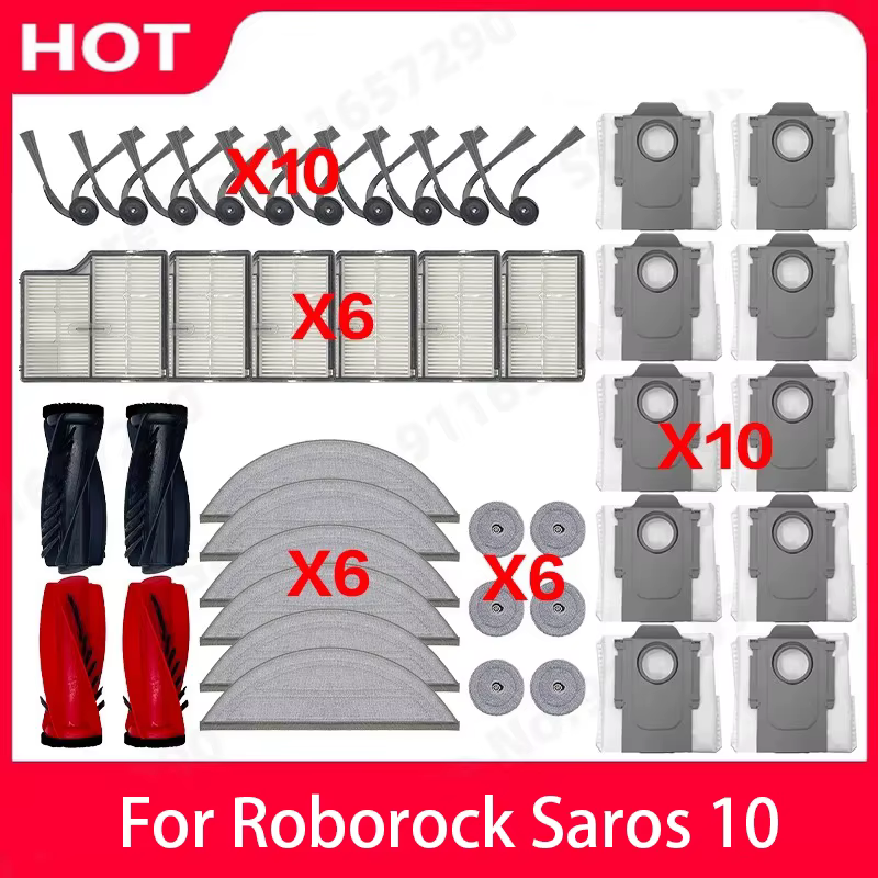 Accessoires pour Roborock Saros 10 : brosse principale, brosse latérale, filtre HEPA, chiffon de nettoyage, sac à poussière, pièces de rechange pour robot aspirateur