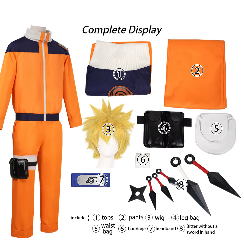 Costume de cosplay de ninja de dessin animé, ensemble complet avec accessoires, style anime japonais