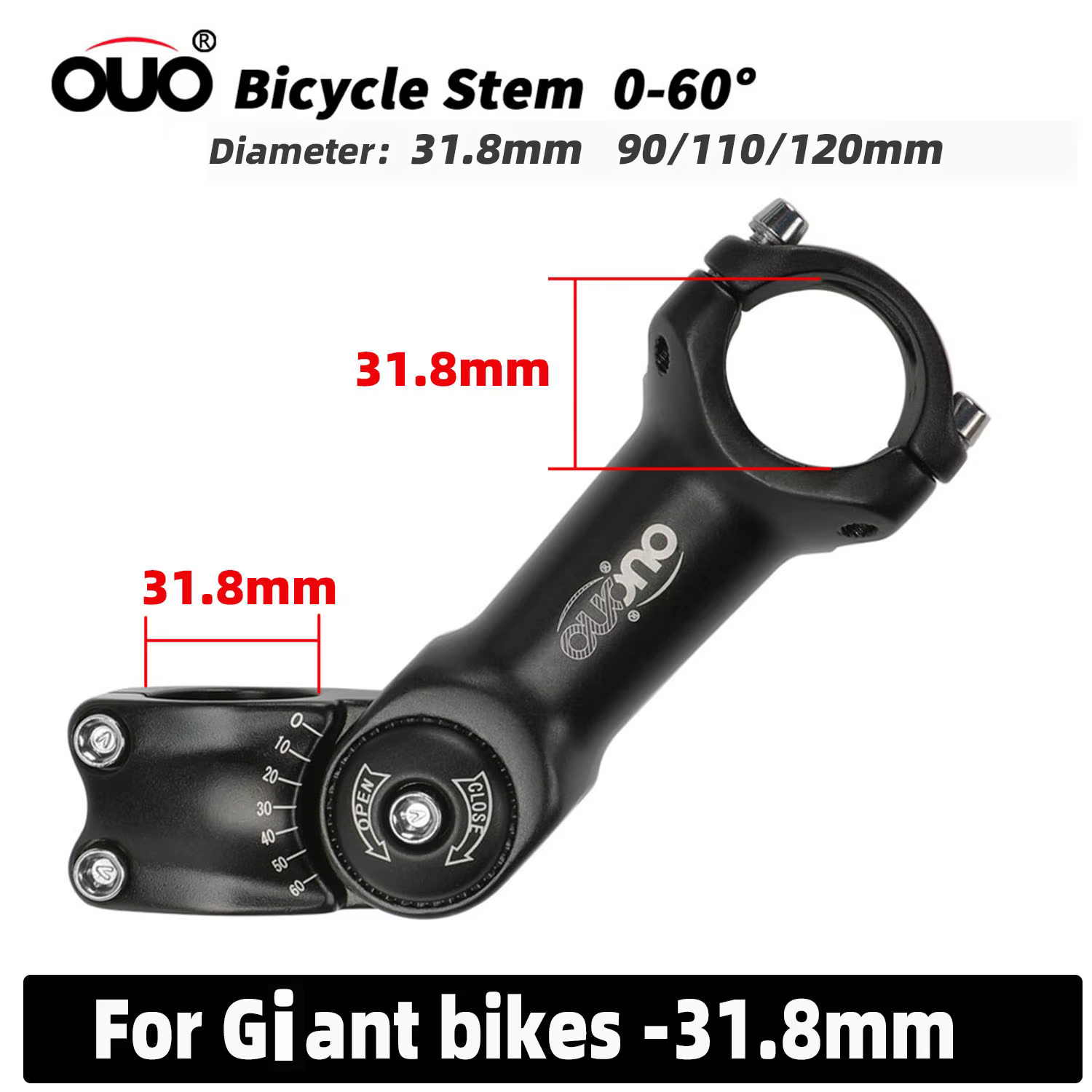 OUO tige de vélo réglable 31.8mm tige de guidon vtt Riser pour géant OD2 31.8mm tube de fourche 0-60 degrés vtt puissance vélo 90/110/120
