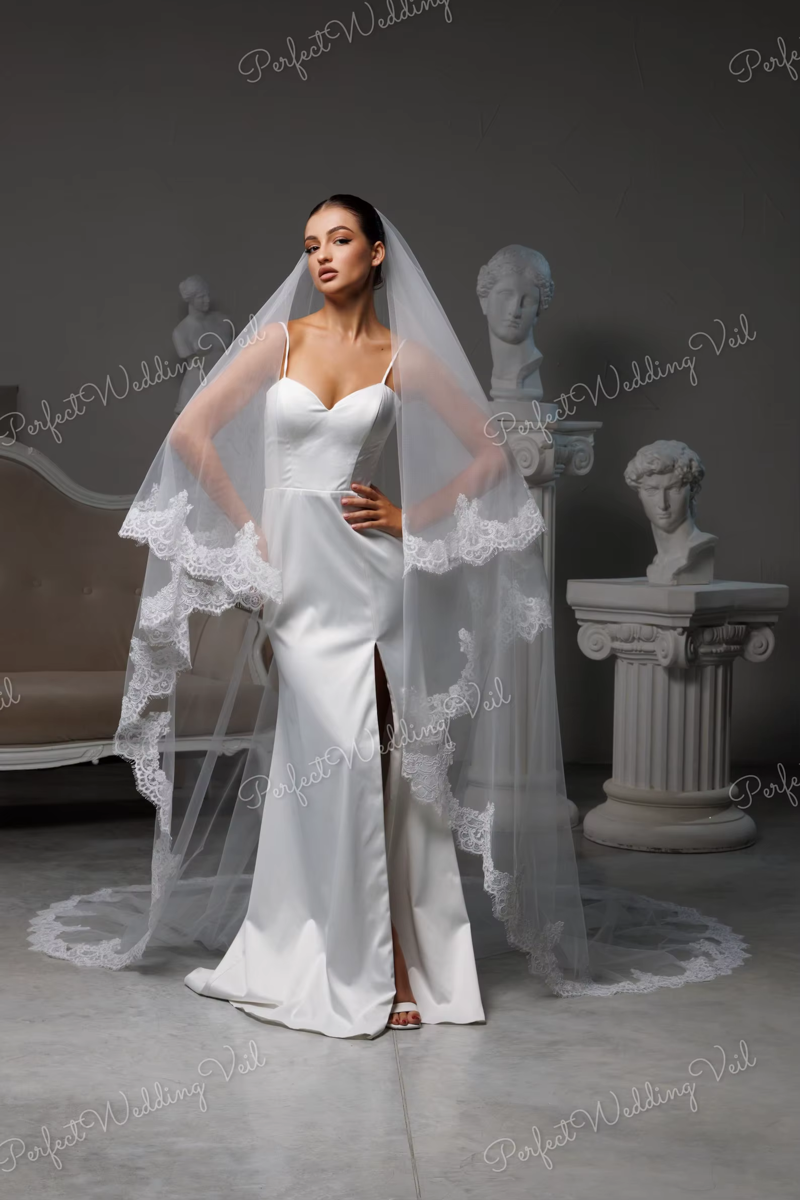 Voile de mariée cathédrale à deux niveaux en tulle doux, avec bordure en dentelle, ivoire, romantique, classique, élégant