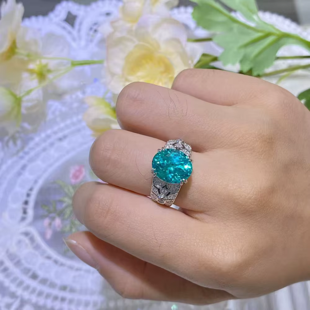 Vinregem – bague de cocktail en argent sterling 925 pour femmes, coupe ovale, tourmaline Paraiba, diamants à haute teneur en carbone, bijoux fins