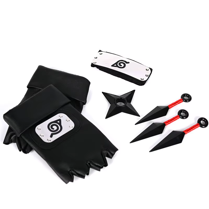 Ensemble Ninja Complet : Drapeau, Gants Kakashi, Kunai, Bandana de Protection Frontale – Costume de Performance pour Jeu de Rôle