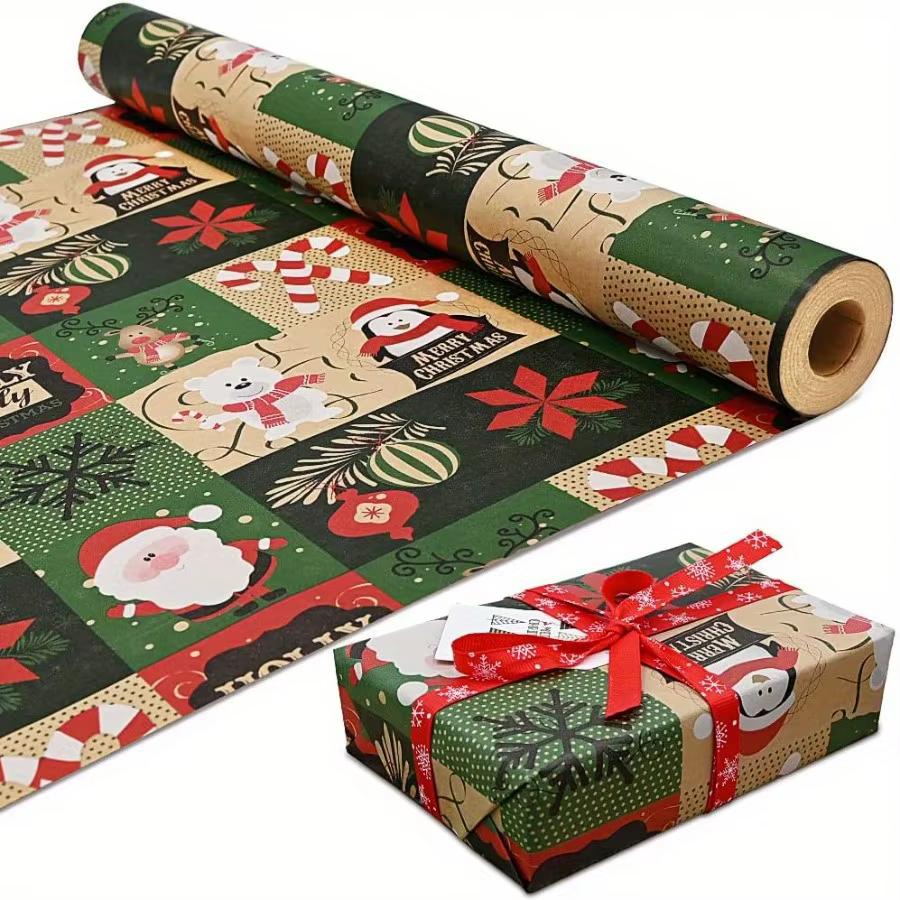 Rouleau de papier d'emballage de Noël – Papier kraft festif avec motifs de flocons de neige, d'arbres et d'ornements, idéal pour l'emballage de cadeaux de vacances