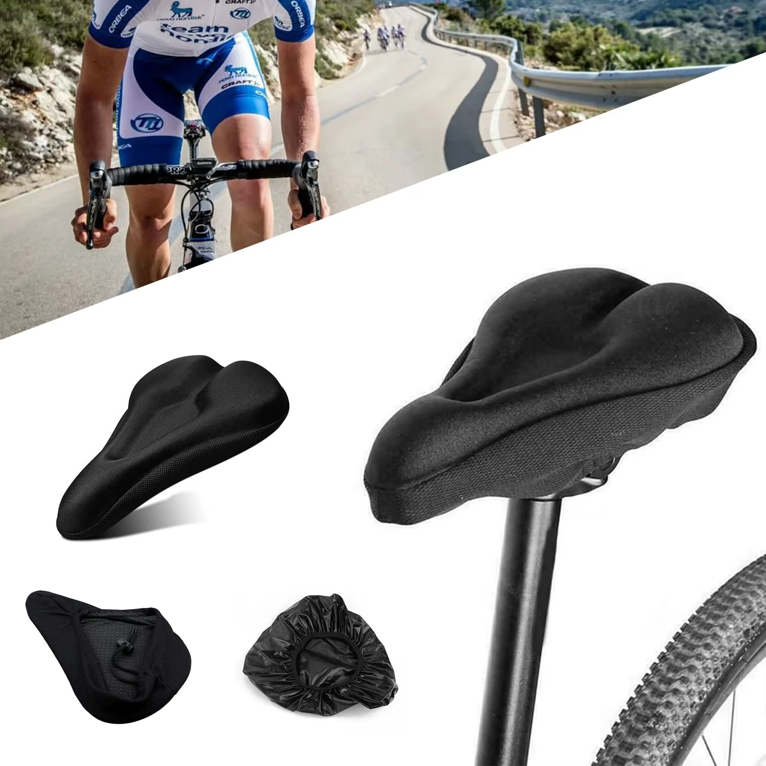 1 housse de selle de vélo rembourrée 3D en mousse gel large pour VTT