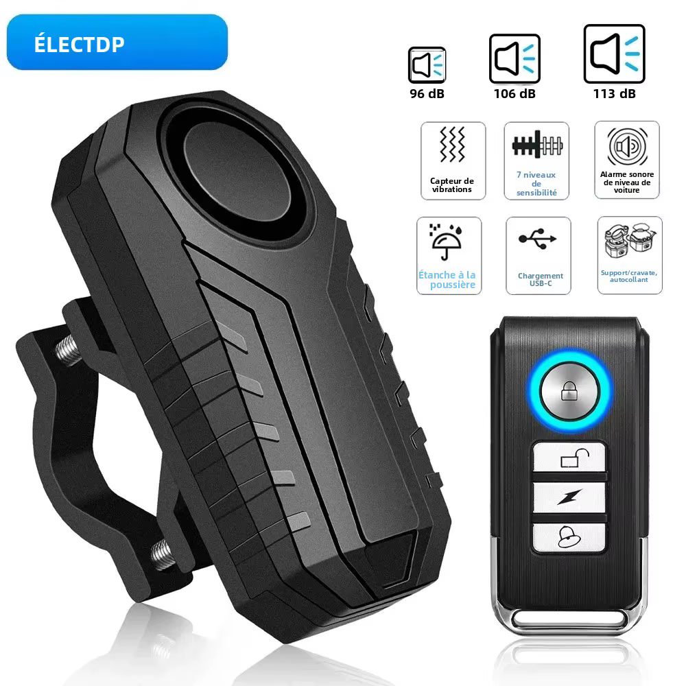 ELECTOP alarme de vélo 113dB antivol sans fil Vibration télécommande