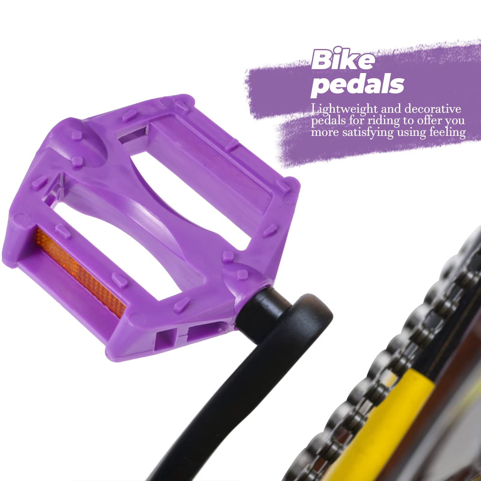 Pédales de vélo violettes en plastique et fer