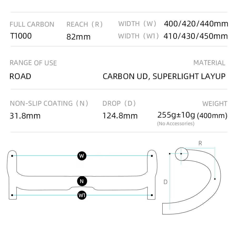 RYET UNNO guidon de course en carbone 400/420/440MM barre de poignée de vélo de route de rechange pour accessoires de