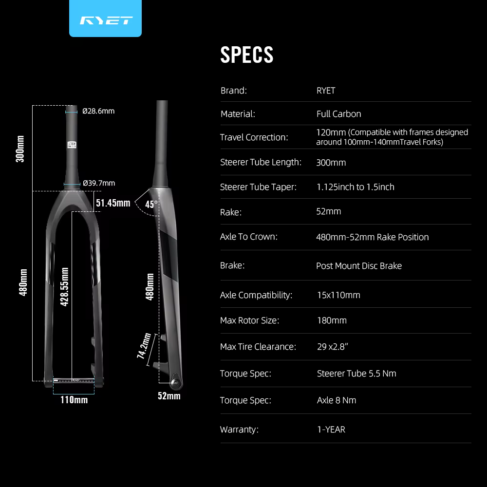 RYET – fourche rigide ultralégère en carbone pour vtt