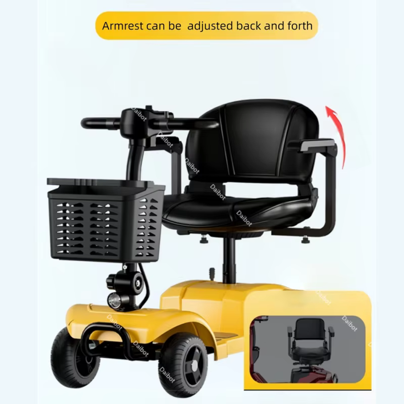 Scooter électrique pliant adulte Scooter de mobilité à quatre roues jaune pré-assemblé 300W 24V avec siège 360 ° Accoudoir rotatif/réglable