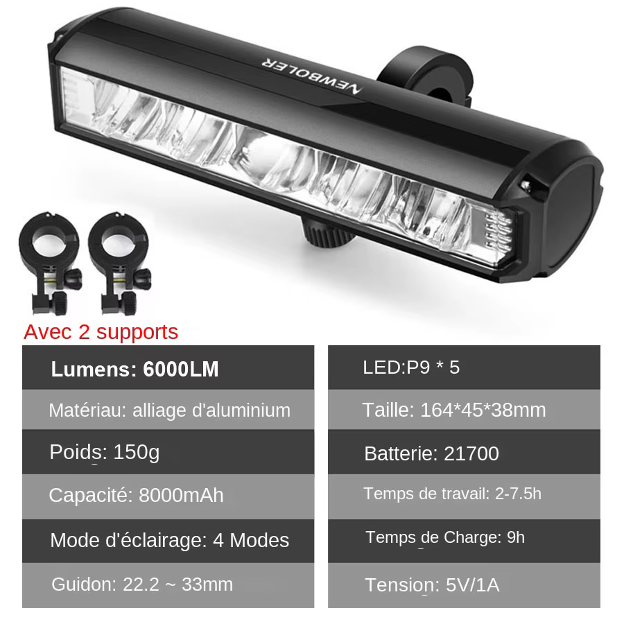 NEWBOLER vélo lumière avant 6000 Lumen