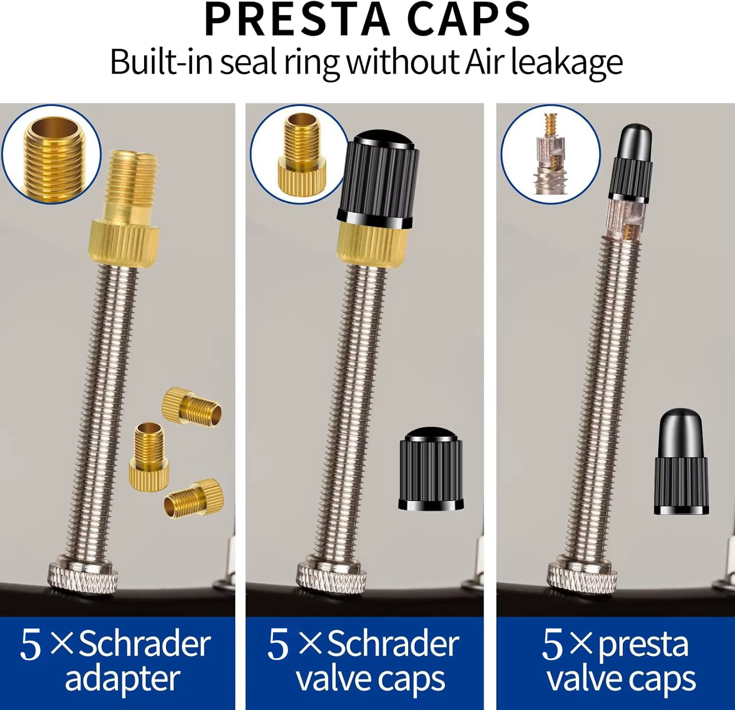 Adaptateur de assujetPresta en laiton (lot de 5 + 10 capuchons)-Convertir Presta en Schrader pour tous les types de