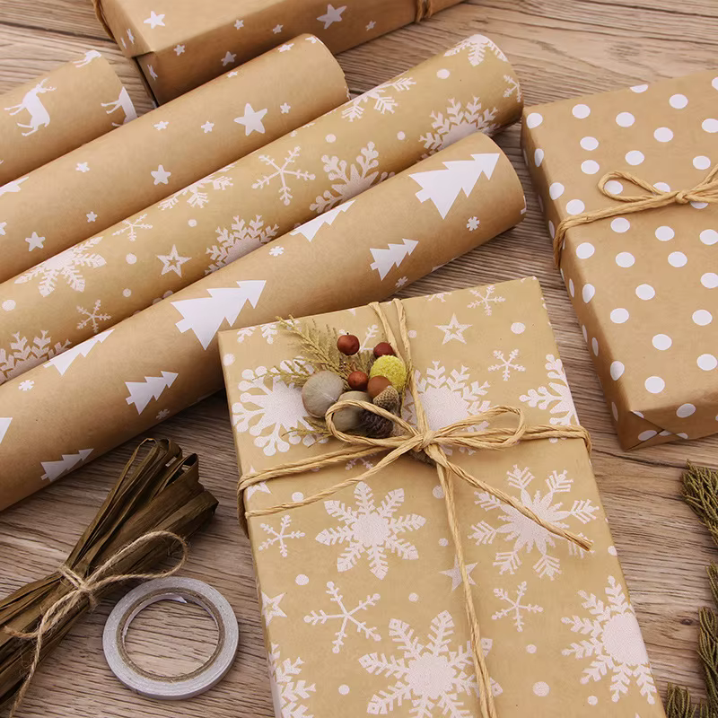 Papier d'emballage de Noël pour emballage cadeau, arbre de Noël, motif de flocon de neige, papier kraft rétro, mariage, anniversaire, décor de fête à la maison
