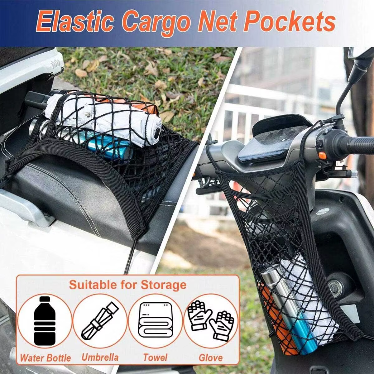 Filet de chargement élastique universel tout-en-un pour moto/scooter avec fixation pour casque