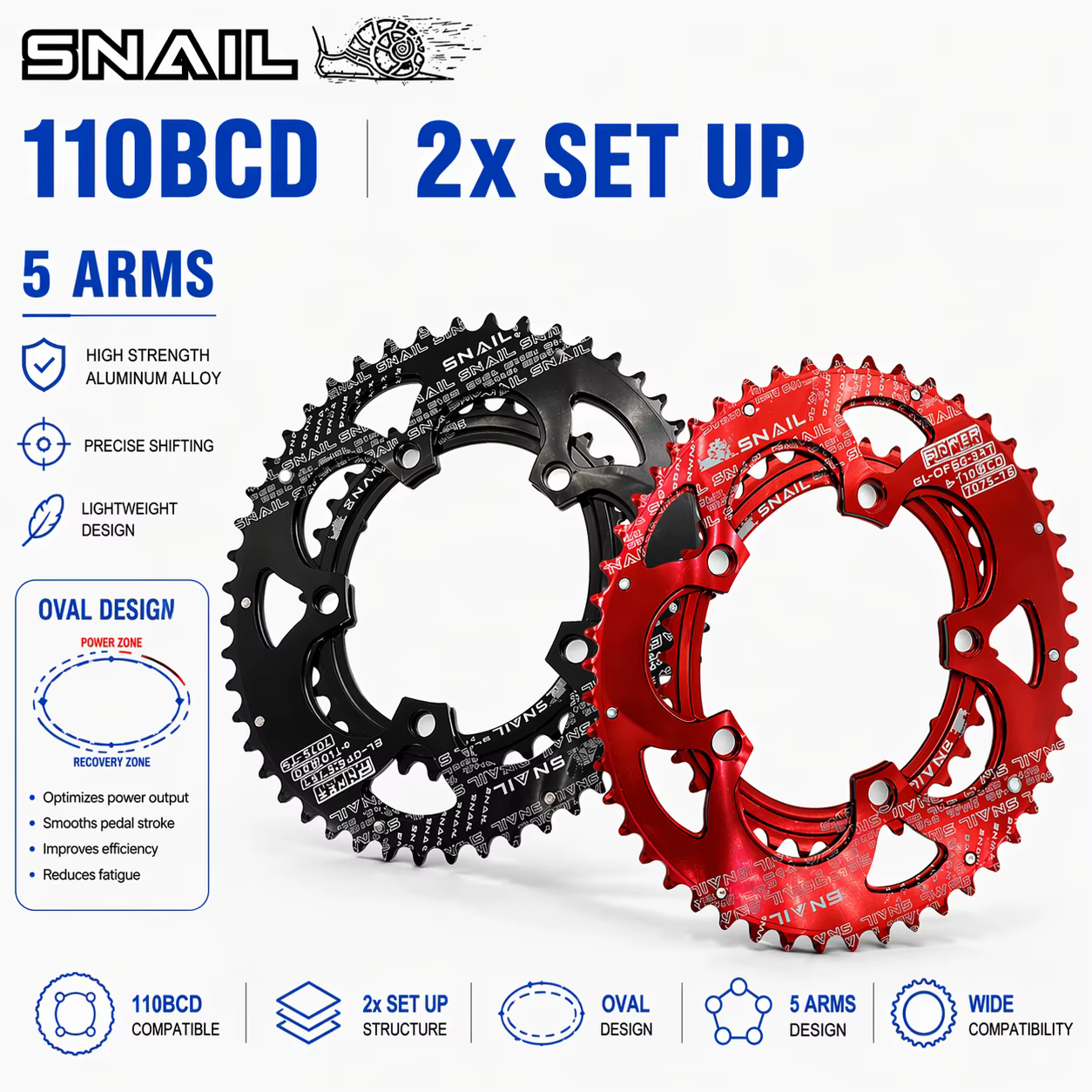 Plateau de pédalier double ovale/rond Snail 110BCD 2x pour vélo de route 50/34 52/36 53/39 54/40 compatible Shimano et SRAM 8 9 10 11 12 vitesses