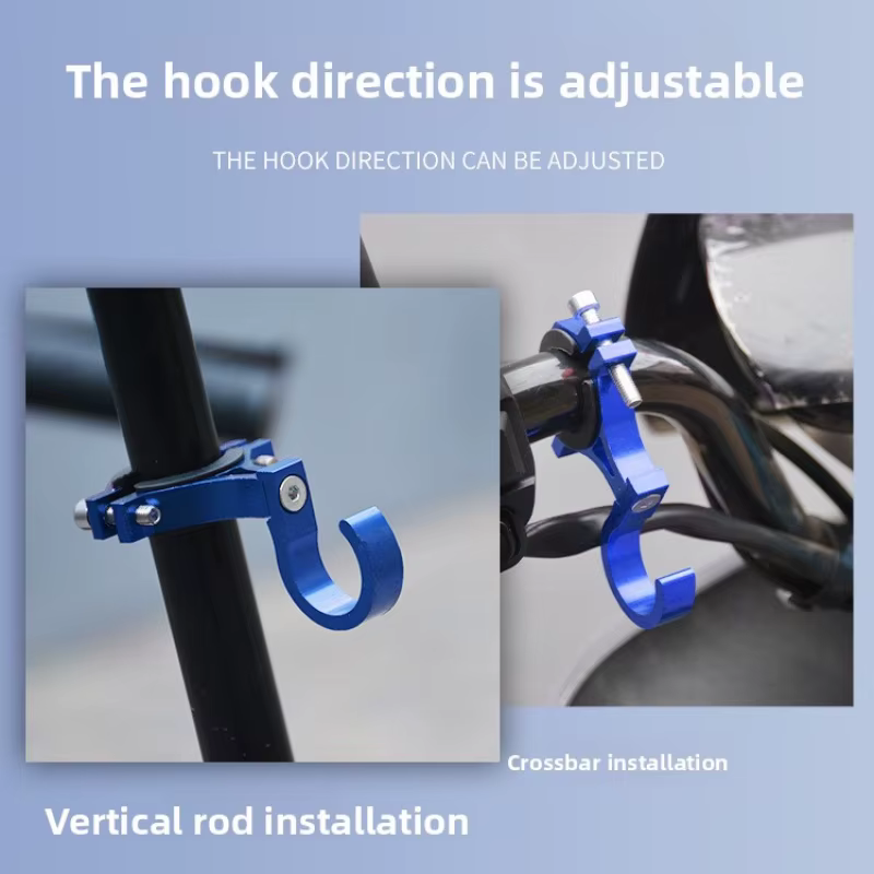 Le guidon du vélo est en alliage d'aluminium et peut être ajusté en angle. Il existe des crochets fixes pour transporter des sacs.