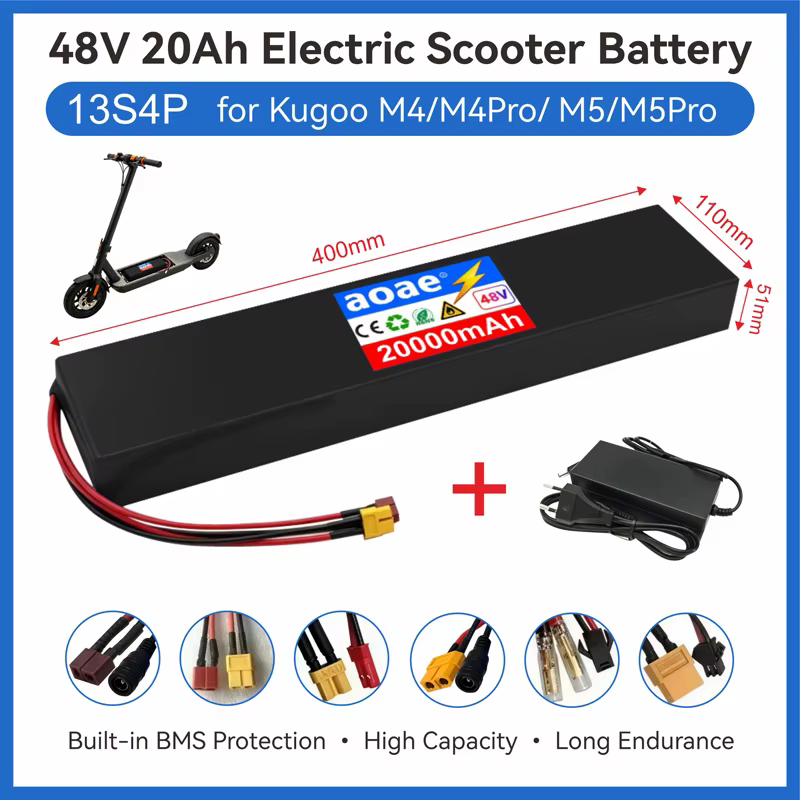 Batterie de scooter électrique 48V 13S4P 20Ah 18650 cellules de qualité A avec BMS intégré XT60 JST pour Kugoo M4 M4Pro MaxSpeed Series Long Range