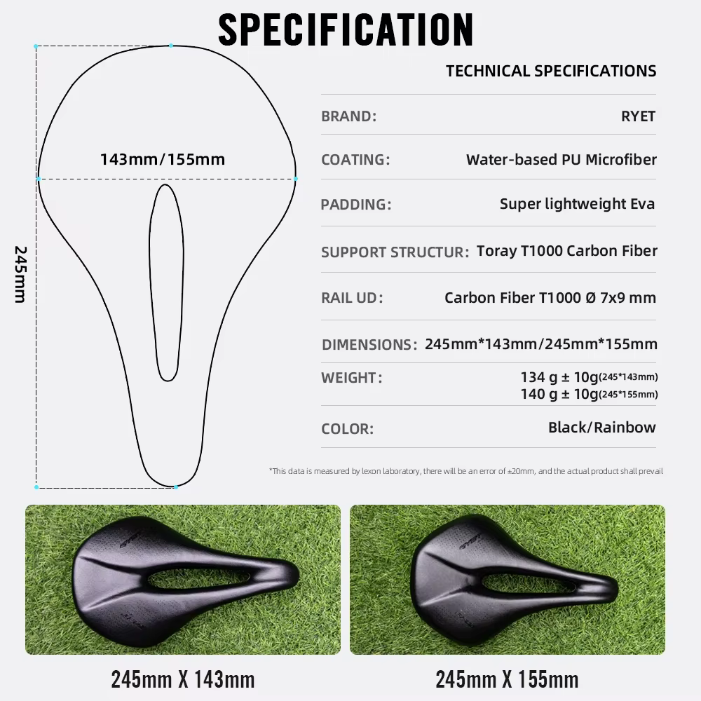 Selle de vélo RYET 143/155MM entièrement en carbone super légère 134g/140g pour route et VTT