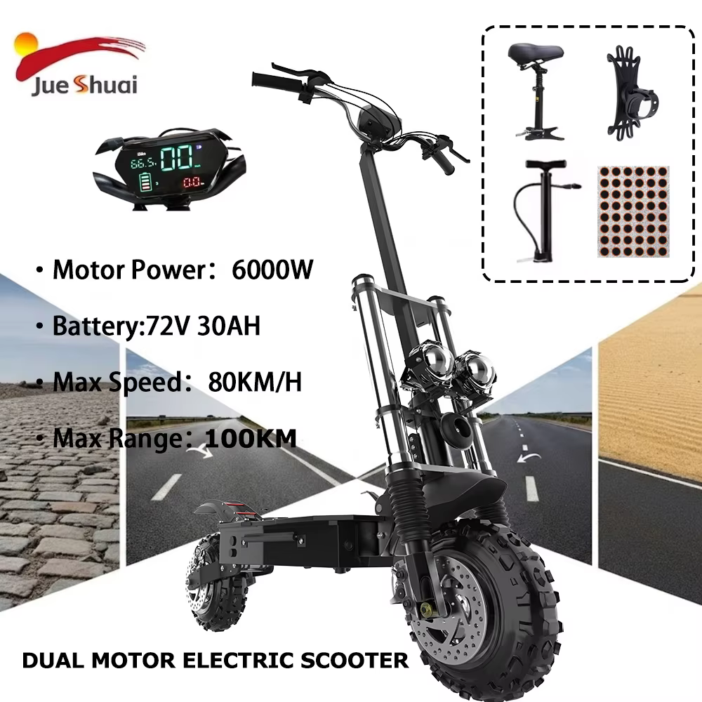 Scooter électrique pour adultes, vitesse maximale 85-90 km/h, 30 Ah, moteurs puissants 6000 W, pneus tout-terrain 11 pouces, e-scooter