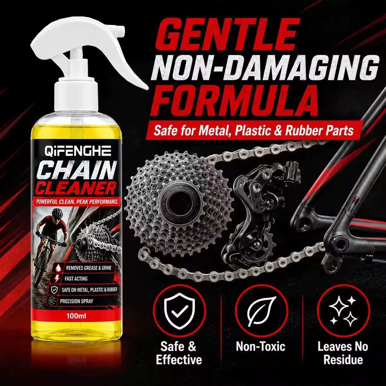 Nettoyant pour chaîne de vélo en spray 100 ml, dégraissant à action rapide pour chaînes de vélo, sans danger pour le métal, le caoutchouc et le plastique, élimine la graisse et la saleté