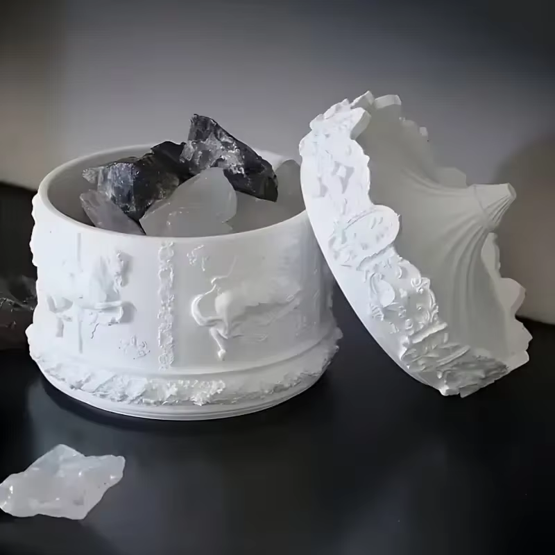 Nouveau modèle 2026 – Moule créatif en béton/plâtre – Lot de 2 moules en silicone pour boîte de rangement carrousel – Motif carrousel rotatif