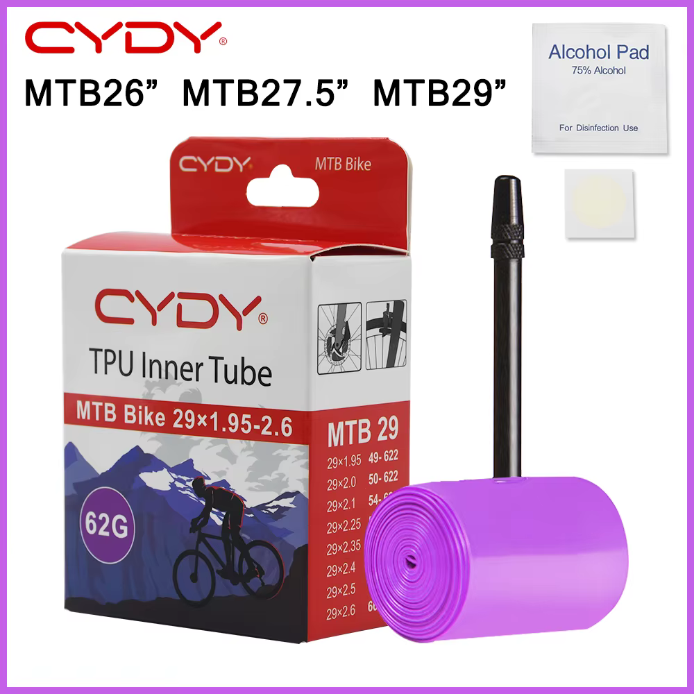 Chambre à air de vélo VTT CYDY en TPU 26''/27.5''/29''x1.95 2.0 2.1 2.25 2.35 2.4 2.5 2.6 pour pneus