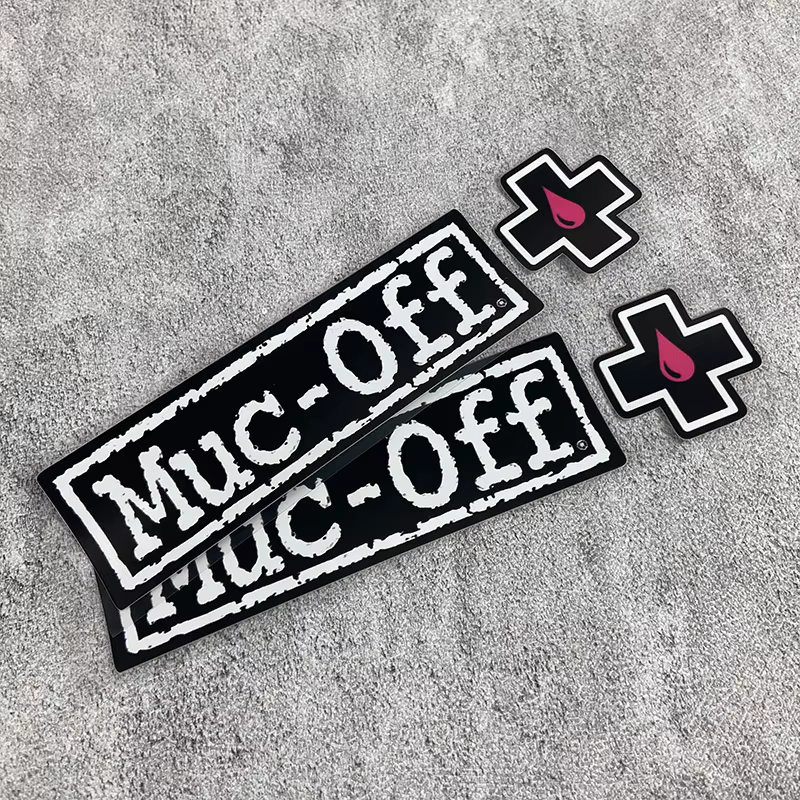1PC Muc - Off Brand Decals - Ensemble d'autocollants avec logo "Muc - Off" et icônes de gouttelettes croisées