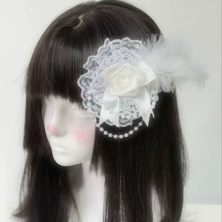 Accessoires pour cheveux Lolita gothiques rétro foncé, plumes de Rose, couvre-chef en dentelle, boule de fleur, pinces à cheveux, sous-culture, Style doux, Kawaii
