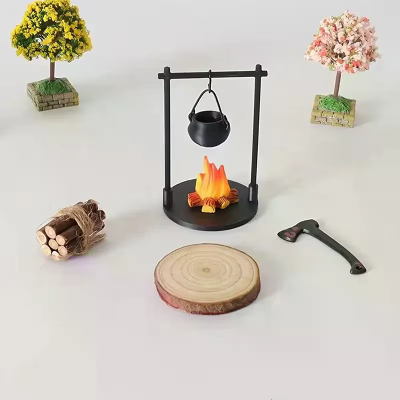 Feu de camp et théière miniatures, décorations de Sculpture miniatures modernes sur le thème fantastique, accessoires artisanaux de bricolage pour la maison et la cuisine