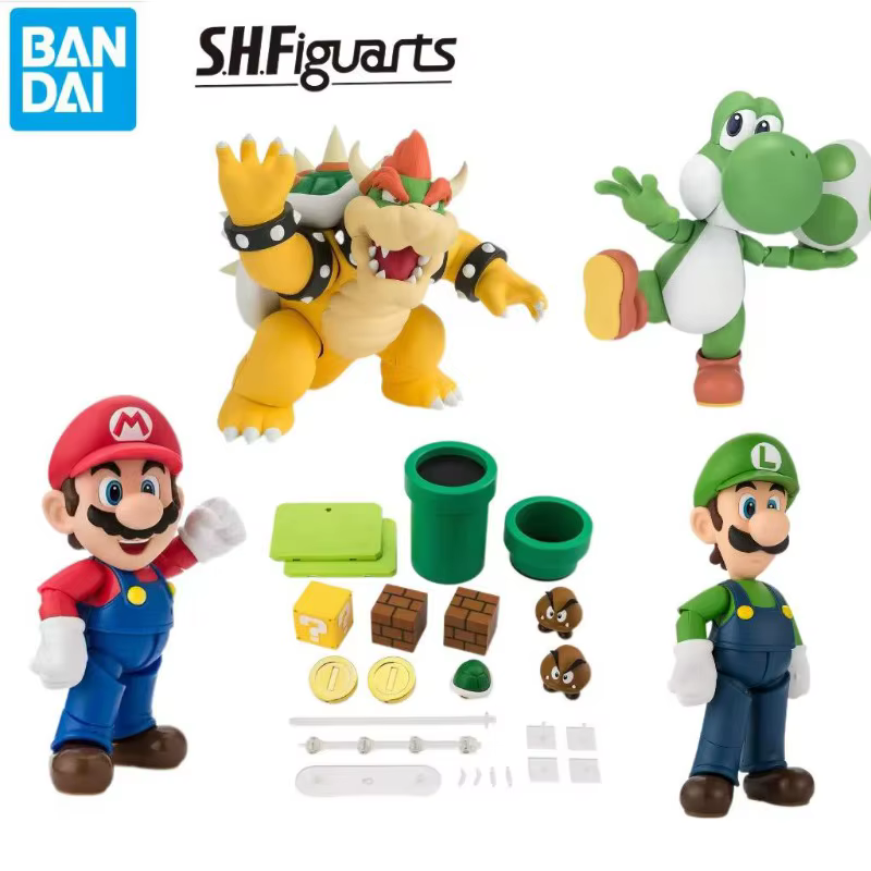 En stock, Bandai S.H.Figuarts, série Super Mario, Luigi, Bowser, Yoshi, pack d'accessoires de scène, figurines d'action, jouets pour garçons et filles, cadeau