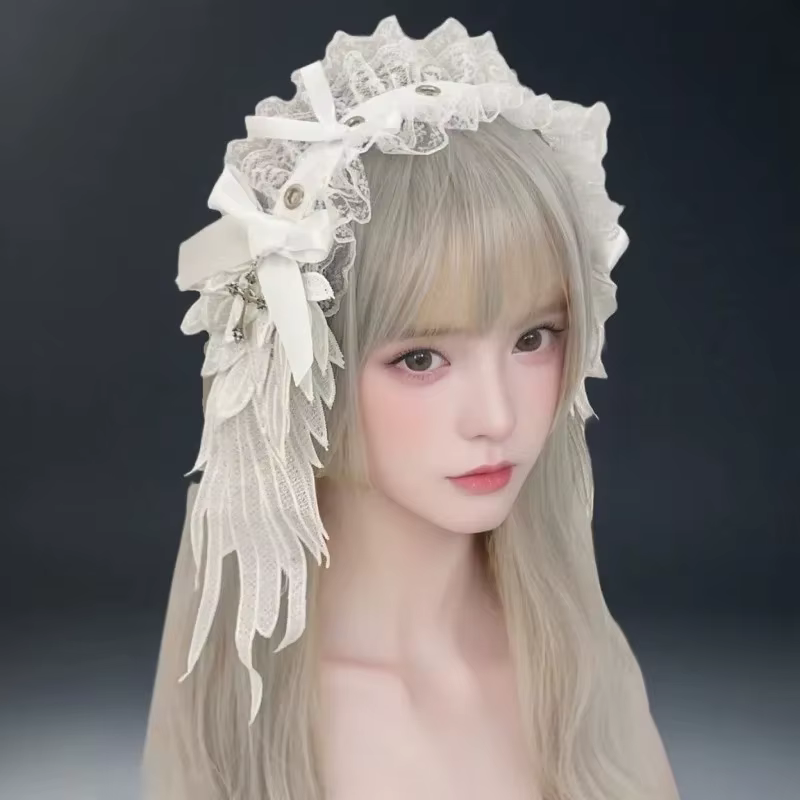 Serre-tête Gothique Lolita, Coiffe Ange Noir, Accessoire Cheveux Y2K, Coiffe Aile en Dentelle, Accessoires Cheveux Subculture pour Cosplay