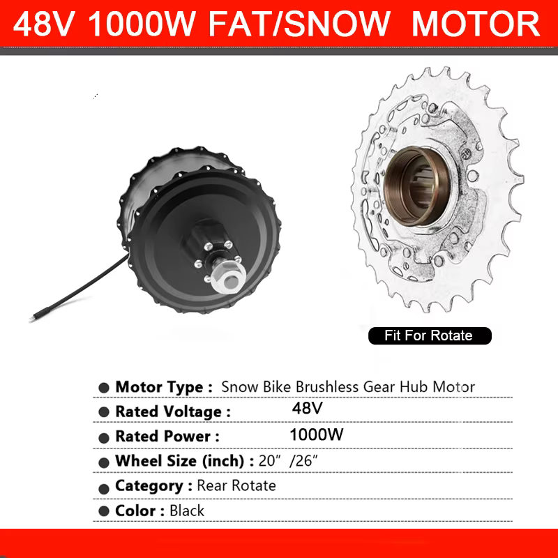 Kit de conversion de vélo électrique Fat Bike 48V 1000W avec moteur arrière sans balais et pneus 4.0 pouces (20/26