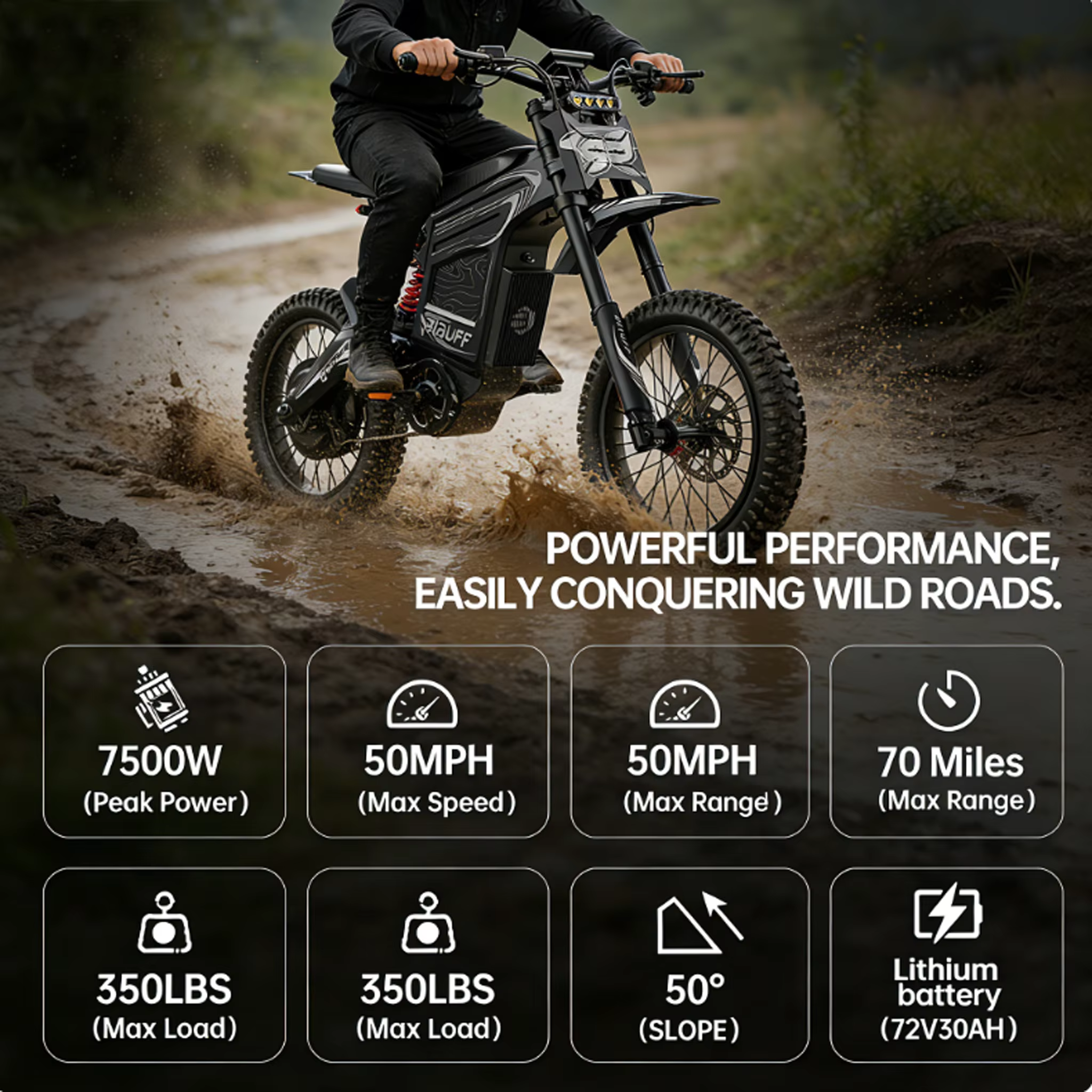Readygo EKXBike BIBUFF GT600 Vélo électrique tout-terrain 85 km/h Moteur sans balais 7500W Batterie au lithium 72V30AH