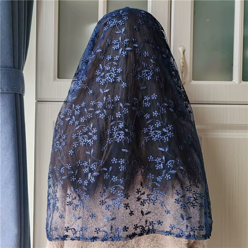 Manille à fleurs brodées bleu marine pour femmes, couvre-tête, motif Floral infini, chapelle en Tulle, cadeau catholique, Vintage, masse espagnole