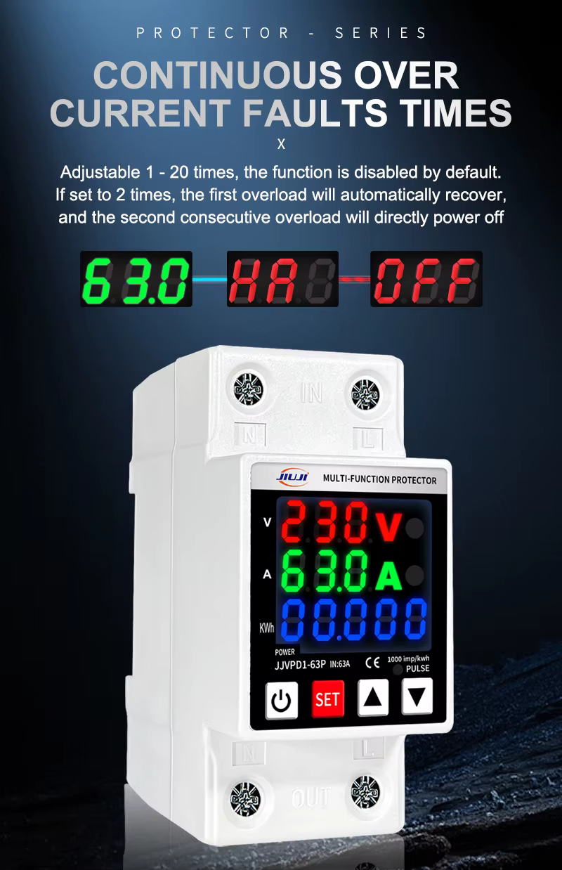 Dispositif de protection contre les surtensions et les sous-tensions réglable sur rail DIN JIUJI 63A avec compteur kilowattheure JJVPD1-63