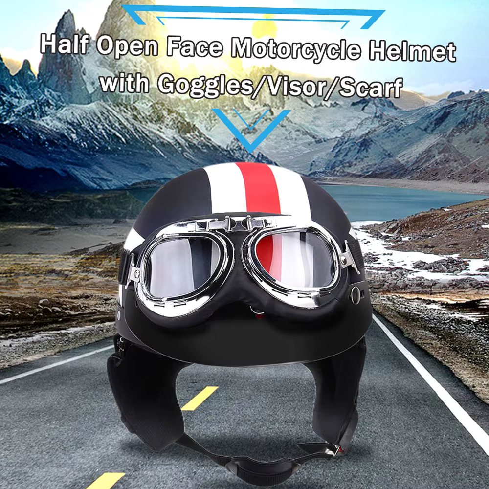 Casque de moto demi-visage ouvert avec lunettes visière écharpe motard Scooter