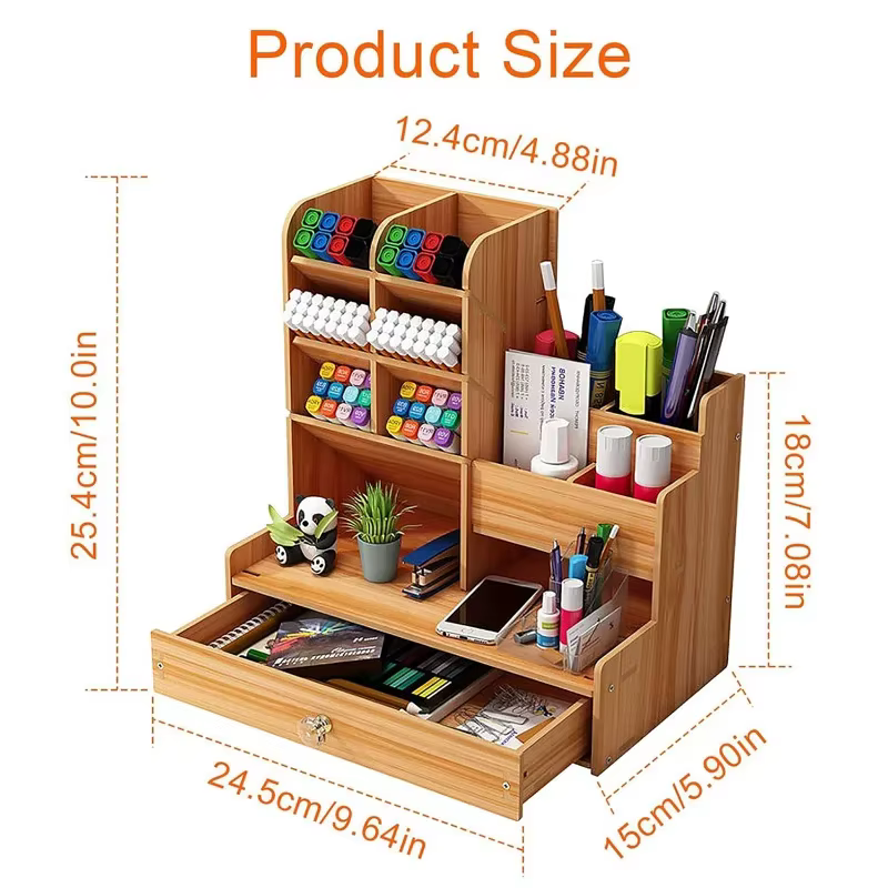 Organisateur de bureau en bois de grande capacité, porte-stylo bien rangé, boîte de rangement avec MELfor Home Office et School, bricolage