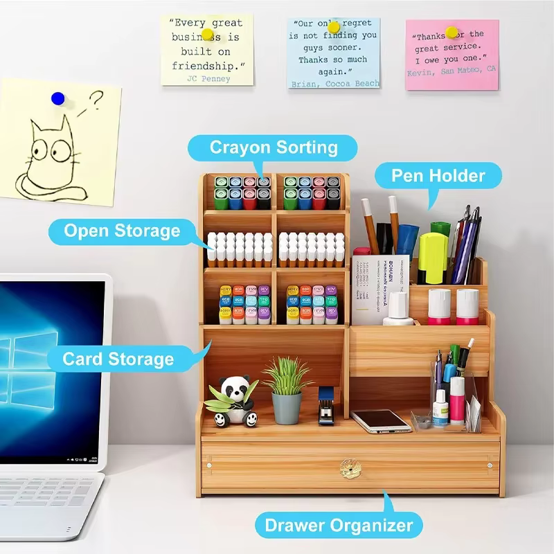 Organisateur de bureau en bois DIY, porte-stylos de bureau, boîte de rangement de papeterie grande capacité avec tiroir pour la maison, le bureau et l'école