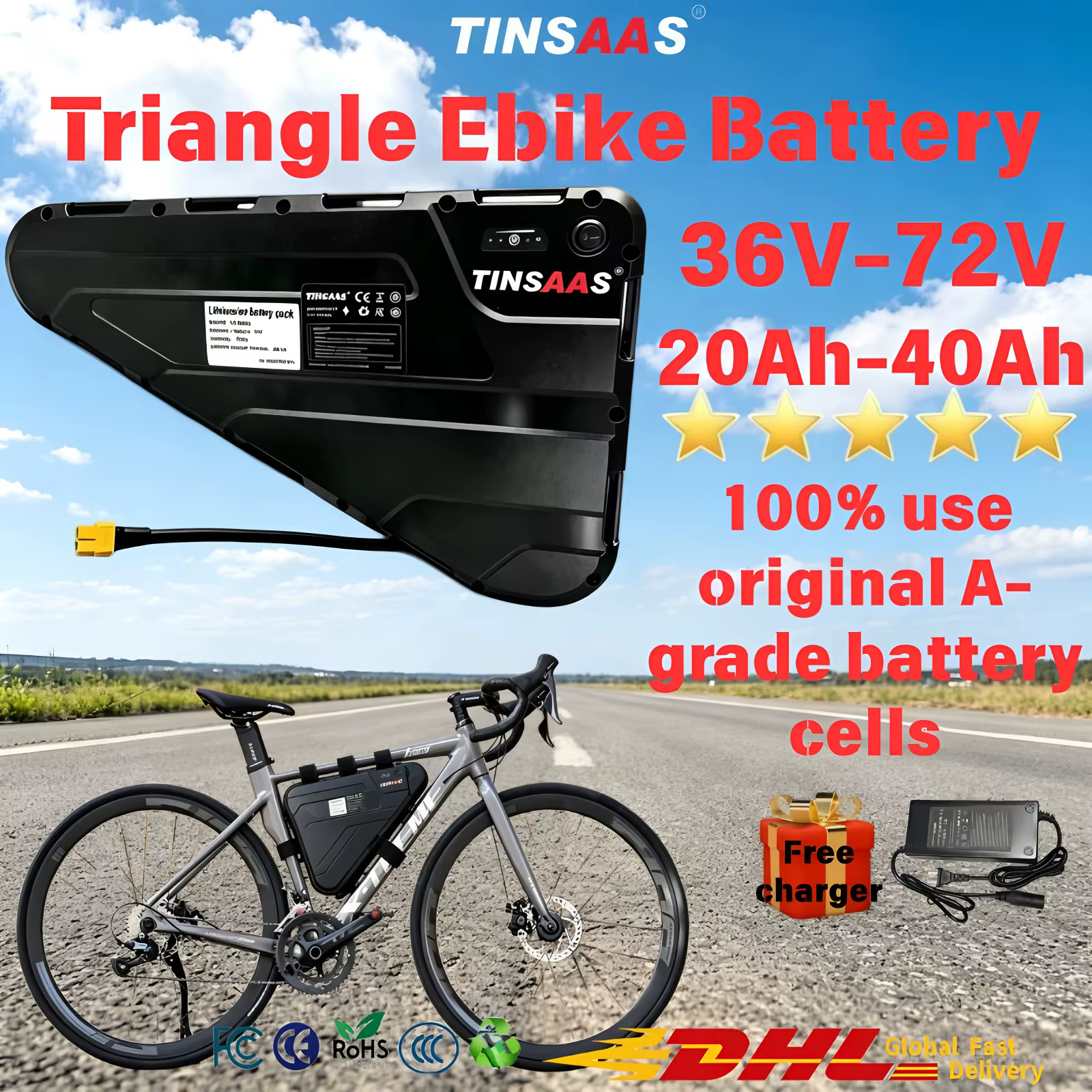 Batterie triangulaire pour vélo électrique 36V 48V 52V 60V 72V, cellules 21700, adaptée au cyclisme longue distance, pour moteurs de 250W à 3000W