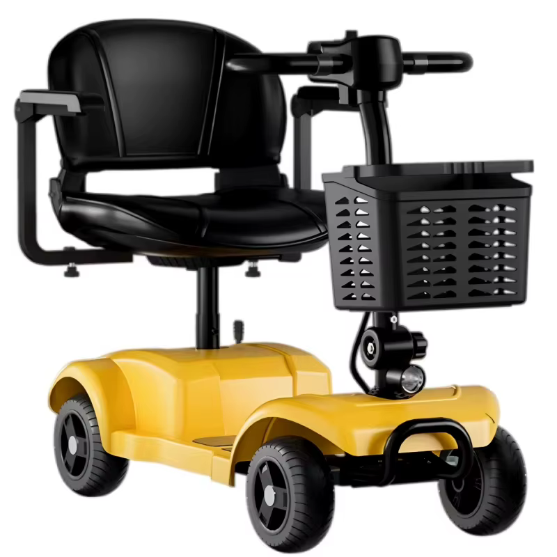 Scooter électrique pliant adulte Scooter de mobilité à quatre roues jaune pré-assemblé 300W 24V avec siège 360 ° Accoudoir rotatif/réglable