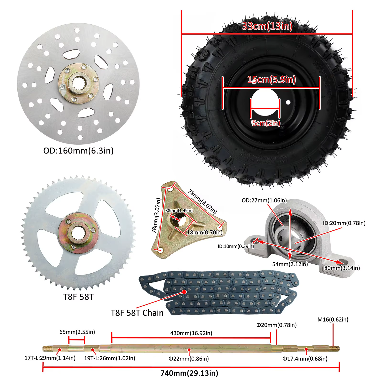 Kit complet de moyeu de roue d'assemblage d'essieu arrière de 29 pouces pour vélos de dérive Go Kart Quad Trike